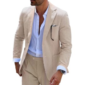 Seersucker Slim Suits Men Formal Summer Beach Wedding Grooms 2 Piece Blazer Pants Party Striped Suit Khaki XS