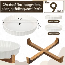 LemonRoad 9 Inch Ceramic Pie Pan with Wooden Bracket Ceramic Deep Fluted Pie Dish for Baking Quiche Pan Fluted Quiche Baking Dish for Tart Chicken Pot Cheesecake Creme Brulee