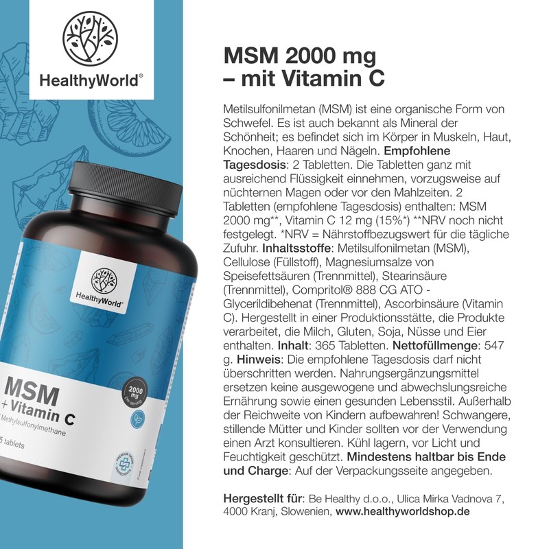 HealthyWorld® MSM 2000 mg - With Vitamin C - 365