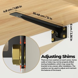 Matutinus Heavy Duty Shelf Brackets， with Hanging Hook L Shelf Bracket， 12 Inch Fireplace Mantel Brackets, Countertop Support Brackets， Structural Reinforcement Design Max Load 800Lbs(Black Set of 2)