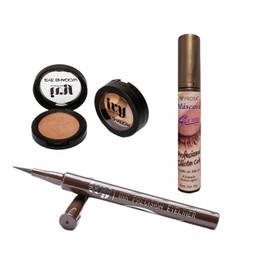 Kit de Maquillaje Viral; Sombra Dorada Goldie Sin, Plumon Delineador de Precision IVY Cafe, Mascara de Pestañas PROSA Rimel cafe
