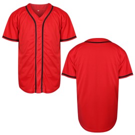 Mens Blank Plain Baseball Jersey Button Down Shirts Sports Hip Hop Hipster Jersey S-3XL(Red,X-Large)