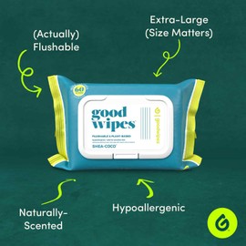 Goodwipes Flushable Butt Wipes - Vitamin E & Aloe - Soft & Gentle Wet Wipe Dispenser, Septic & Sewer Safe - Largest Adult Toilet Towelettes - Shea-Coco, 180 Count (3 Packs) + 3 Individually Wrapped