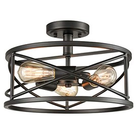 Dazhuan Rustic Semi Flush Ceiling Lights Metal Drum Ceiling Light, 3-Light, Black