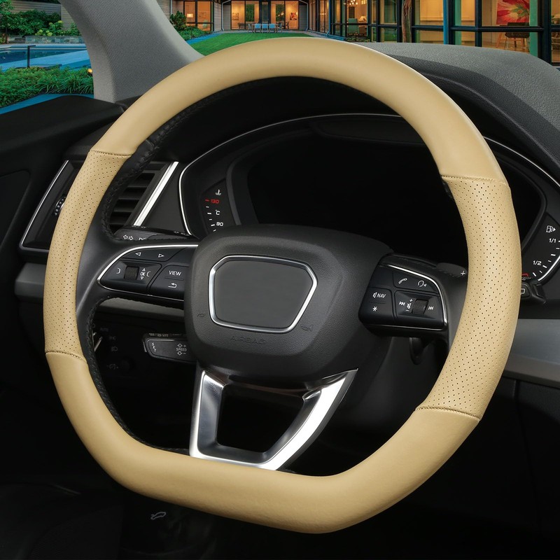 Cxtiy D Shaped Steering Wheel Cover, Genuine Leather Flat Bottom