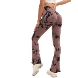Shgiloo Women's Seamless Tie Dye Flare Yoga Leggings High Waisted Soft Tummy Control Scrunch Gym Workout Bootcut Yoga Pants Brown