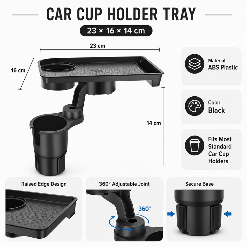 Car Cup Holder Expander with Food Tray – 360° Adjustable