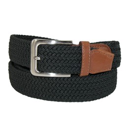 CTM Men's Elastic Braided Stretch Belt with Silver Buckle and Tan Tabs, XL, Black