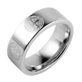 HZMAN Mens 8mm St Benedict Exorcism Ring Stainless Steel Catholic Roman Cross Demon Protection Ghost Hunter Gold Silver