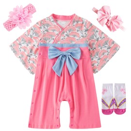 MIHI Hakama Romper, Baby Clothing, Kids Clothing, Girls, Baby, Newborn, Kids, Kimono, Coverall, Kimono, First Eat, Shrine Visit, 100 Day Celebration, First Festival, Peach Festival, Shichi-Go-San, New Year, End of Year, Socks, 2 Piece Hair Band, 4 Piece Set, Gift (Blue Ribbon, 80)
