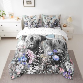 Highland Cattle Kids Comforter Set 7 Piece Twin Size,Farmhouse Cow Wild Animals Flowers Reversible Quilt Set,Rustic Country Wooden Board Bedding Set with Comforter,Sheet,Pillowcase