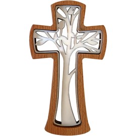 Kaltner Präsente Gift Idea Wall Cross Real Beech Wood Cross Crucifix for Wall Modern Tree of Life (30 x 17 cm)