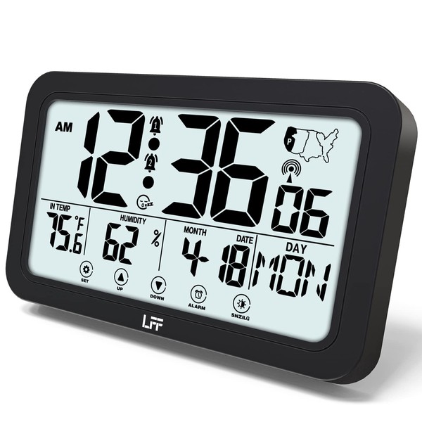 Atomic Clock, Indoor Temperature and Humidity, Backlight, Battery Operated, USB Charger, 2 Alarm Clocks, Desk Clock for Bedroom, Living Room, Office