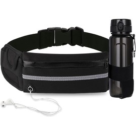 Slim Waist Bag, Running Belt Pack, Waist Pouch with Bottle and Phone Holders for Men and Women, Suitable for Running, Hiking, Walking, Cycling, Camping, Gym, Belt Size from 25" to 41" （Black）