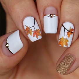 Fall Thanksgiving Press on Nails Short Square Maple Leaves False Nails with Rhinestones Design Artificial Nails White French Autumn Acrylic Nails Full Cover Coffin Nails Glue on Nails for Women