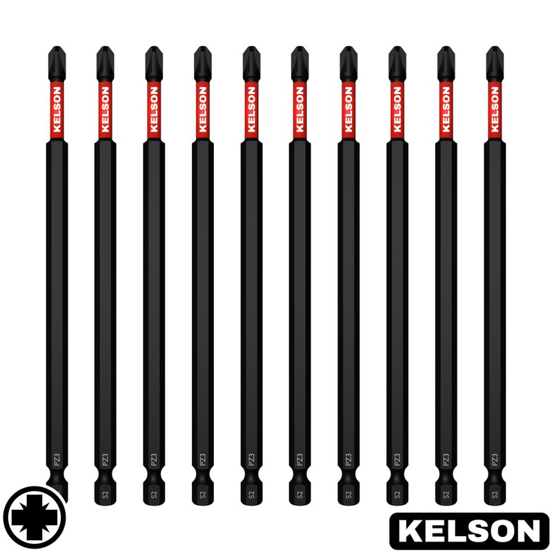 KELSON Impact Rated PZ3 Screwdriver Bits, 150mm Length, S2 Steel,