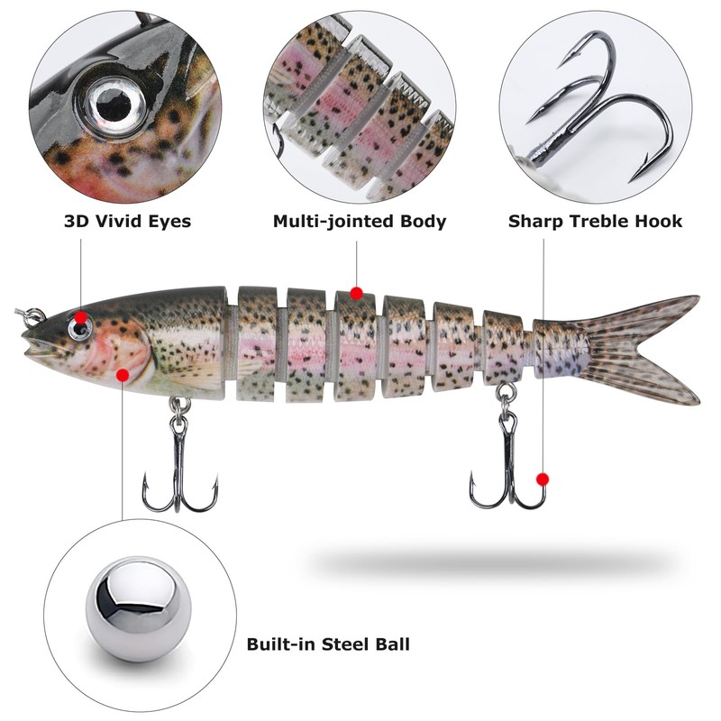 Matymats 6Pcs Pike Fishing Lures, 8 Segmented Multi Jointed, 5.3"