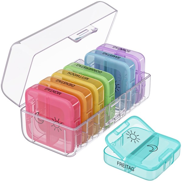 WELLGRO Pill Box for 7 Days, Pill Box, 2 Compartments per Day, Hinged Lid with Press Closure, Storage Box, BPA-Free Plastic, Colour: Transparent