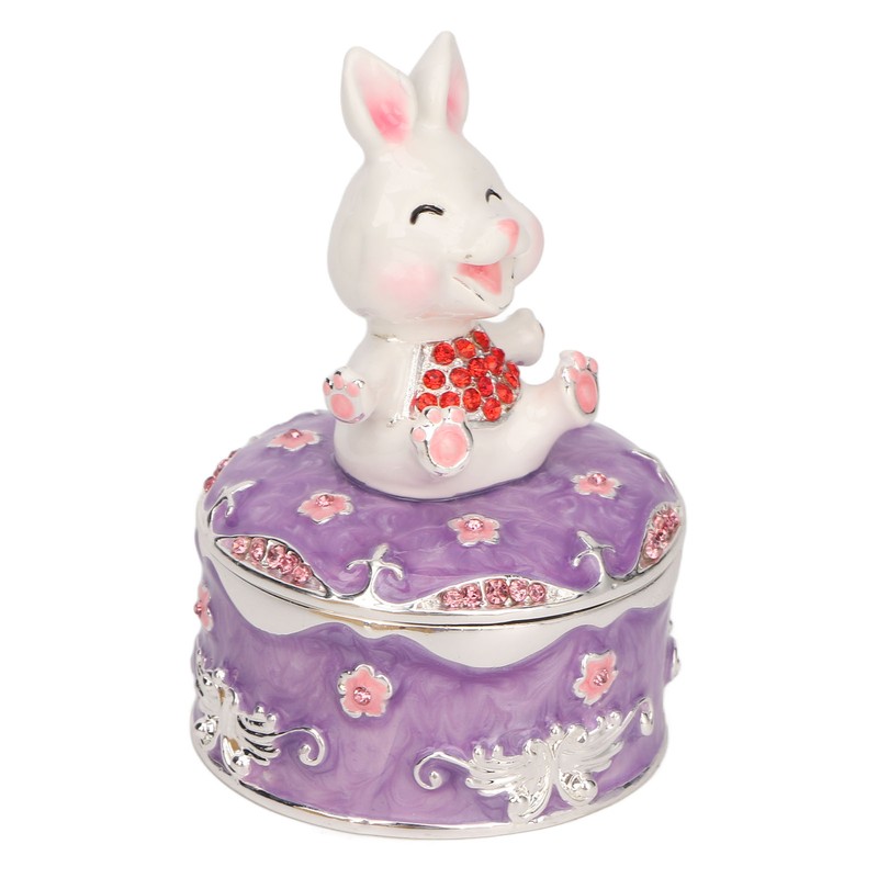 Rabbit Figurine Trinket Boxes Hand Painted Rhinestones Small Jewelry Box