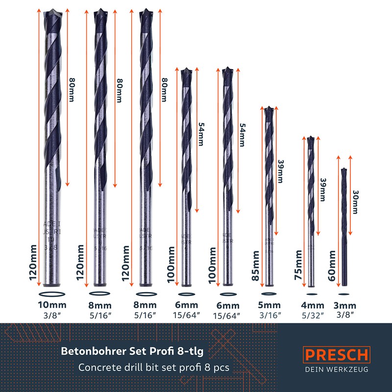 Presch Concrete Drill Bit Set 8 pcs - Masonry Drill