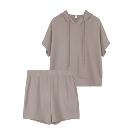 REORIA Women's Tracksuits, Short Sleeve Hoodie and Flowing Shorts, Jogging Suit, Two-Piece Jumpsuit, Summer Outfits, lightgrey