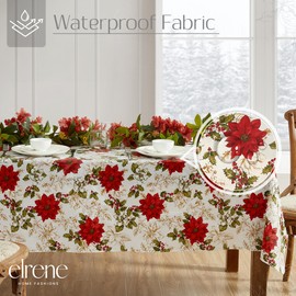 Elrene Home Fashions Christmas Poinsettia Grace Water- and Stain-Resistant Vinyl Tablecloth with Flannel Backing, 60"x102" Rectangle