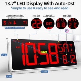 TXL 13.7 Inch Large Digital Wall Clock with Remote Control,LED Desk Clock Digital with DST/Calendar/Temperature/Timer Function, Auto Dimmer Digital Clock Large Display for Classroom/Office (Red)
