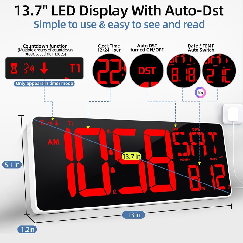 TXL 13.7 Inch Large Digital Wall Clock with Remote Control,LED