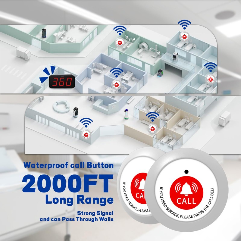Nurse Call System Wireless Caregiver Pager Call Button 2000Ft Range