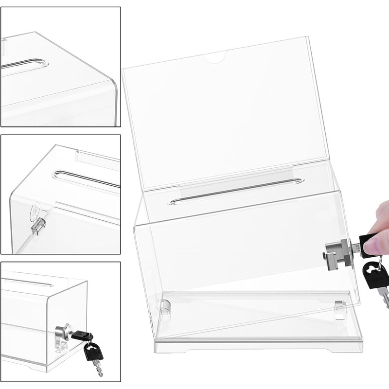 Acrylic Donation Box, Transparent Ballot Box with Key Lock, Lockable