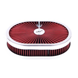 JGhyperX Oval 12"x2" Air Cleaner Filter Assembly Kit Compatible with GMC Chevy Ford Chryler Dodge V8 Black 5-1/8" Carb Neck w/Flow-Thru Lid High Flow Chrome Red 5331CR