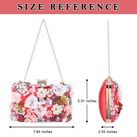 Fecialy Flower Clutch Evening Bags for Women with Colourful Flowers Metal Rhinestones Evening Clutch Purse Wedding Party Handbags, Red, red