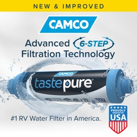 Camco Camco TastePURE XL RV Water Filter - Reliable RV Inline Water Filter with Flexible Hose Protector - GAC & KDF Water Filter - Made in USA - Camping Essentials for Fresh Drinking Water (40019)