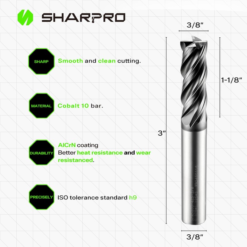 SHAPPRO 3/8 Inch Shank Carbide Square End Mill, 4 Flute