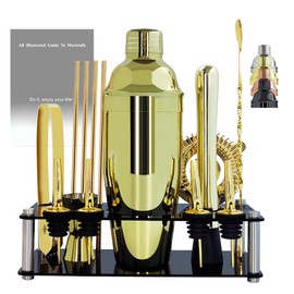 14-Piece Cocktail Shaker Set Bartender Kit with Black Stand, Bar Tool Set for Drink Mixing Bartending Kit Bar Sets Accessories: 750ml(25oz) Shaker, Jigger, Muddler, Cocktail Recipes (Gold)