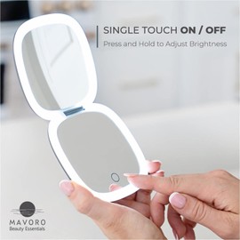 Mavoro LED Lighted Travel Makeup Mirror, Rechargeable, 1x/10x Magnification - Daylight LED, Pocket or Purse Mirror, Small Travel Mirror. Folding Portable Mirror, Touch Sensor, USB (Graphite Grey)