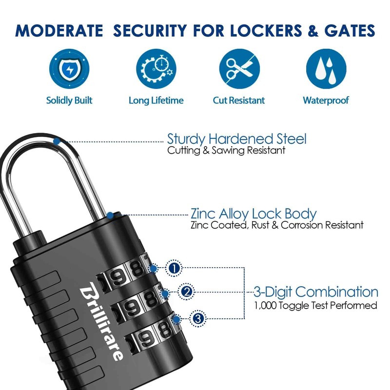 Brillirare 8 Pack Combination Lock, 3-digit Waterproof Keyless Padlock, Zinc