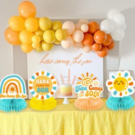 Here Comes The Son Centerpieces Table Decorations - 12 Pieces Boho Sun Rainbow Baby Bottle Stroller Bodysuit Honeycomb Centerpieces, Great for Here Comes The Son Baby Shower Decorations Supplies