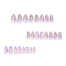French Tip Press on Nails Medium Almond Fake Nails with Floral Designs Full Cover Glossy Stick on Nails with Flower Designs Reusable Nails Purple Tip False Nails for Women 24Pcs