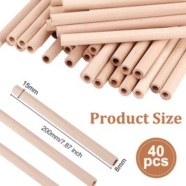 OLYCRAFT 40Pcs 7.9x0.6 Inch Hollow Wood Sticks Round Wooden Dowel Rod with 0.3 Inch Hole Unfinished Beech Wood Rods Natural Wood Round Rods for DIY Crafts Arts Projects