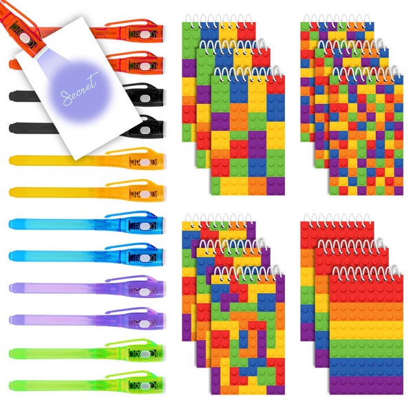 HeroFiber 12 Invisible Ink Pen with UV Light and 12 Building Block Bricks Notebook Set. Party Favors for Kids 8-12, Escape Room Party Favors, Goodie Bag Stuffers for Kids, Spy Party favors