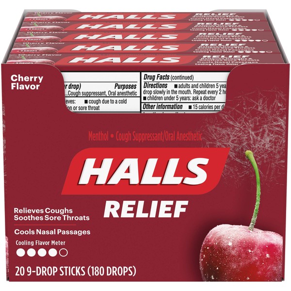 Halls Halls Cherry Cough Drops - with Menthol - 180 Drops (20 sticks of 9 drops), 20 Count
