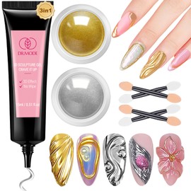 3D Nail Gel and Chrome Nail Powder Kit, 3 in 1 No Wipe Clear 3D Sculpting Gel for Nail Art Carving Molding Rhinestone Glue 15g, Gold Silver Metallic Mirror Nail Chrome Powder Glitter for Manicure