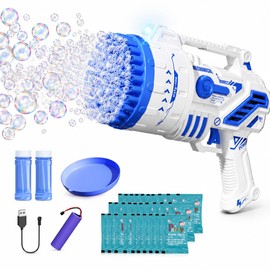 Bubble Gun for Kids, 69-Hole Bubble Blaster with LED Lights, Blue