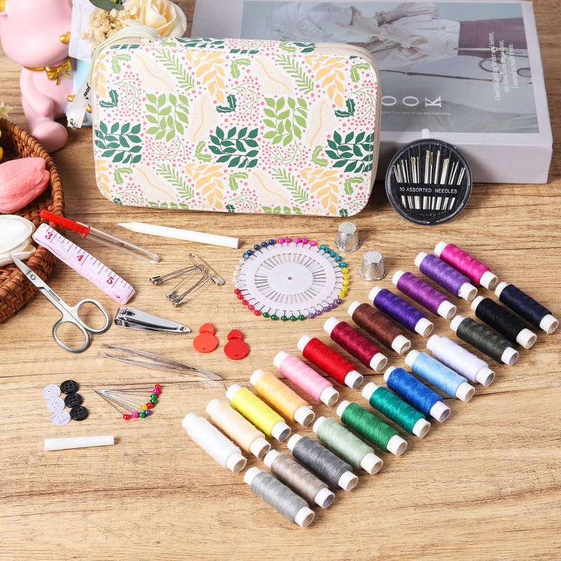 Sewing Kit with Leaf Case, Complete Threads and Needles Set,