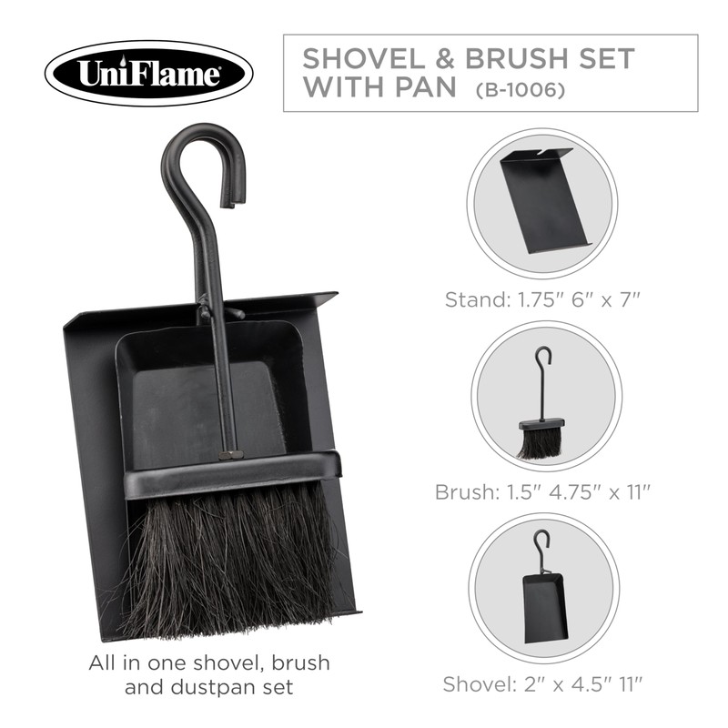 UniFlame Black Fireplace Ash Shovel and Brush Set with Pan