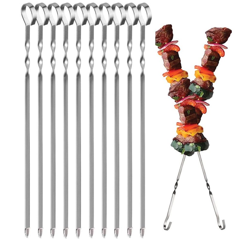 10 Pieces Stainless Steel Barbeque Grilling Skewers Outdoor Camping Barbecue