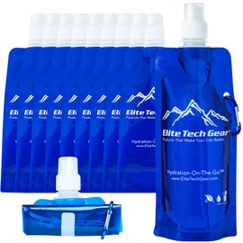 Elite Screens Collapsible Water Bottles 10-Pack - 16.9 oz BPA-Free Polyethylene, Blue - Foldable & Lightweight Travel Water Bottle with Carabiner Strap - Portable & Reusable for Hiking, Camping, Gym