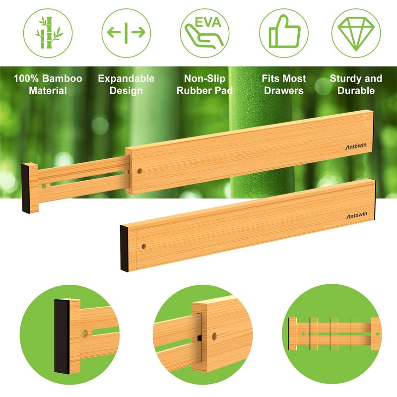 ANTOWIN Bamboo Drawer Dividers, Expandable Drawer Separators Splitter, 17-22 inches