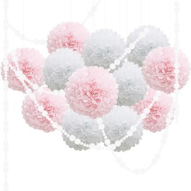 Pink Bridal Shower Decorations - Blush Pink Cream Colorful Paper Pom Poms Wall Decor for Baby Showers, Weddings, Graduations, Tea Parties, Engagement